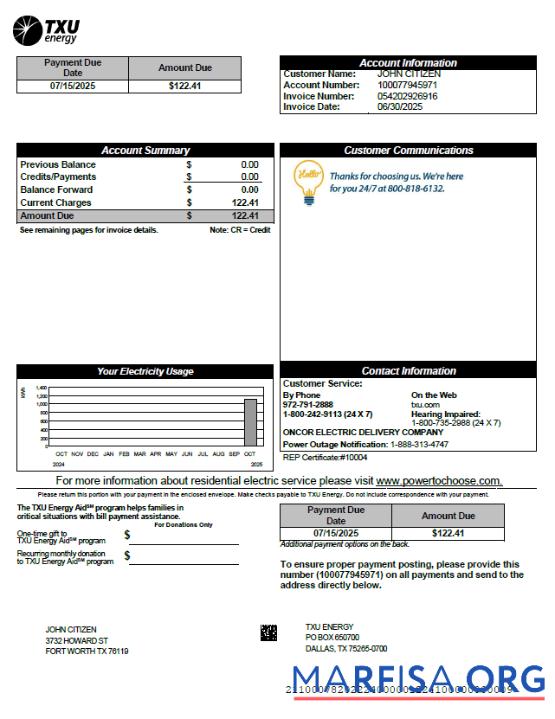 Blank USA TXU Energy utility bill template in Word and PDF formats, version 2